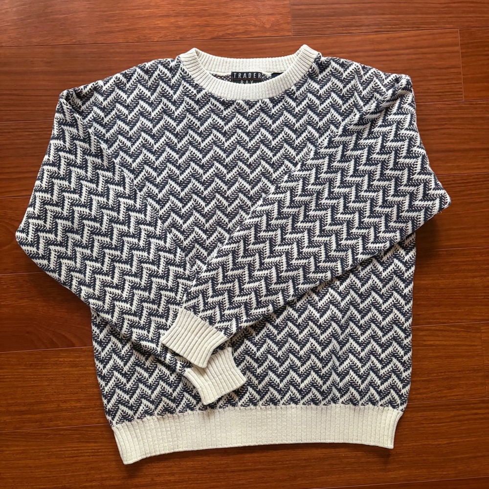 Trader Bay Mens Sweater Medium Blue White Chevron Zig Zag Knit 100% Cotton USA